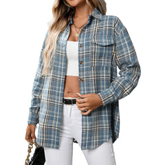 Casual Fashion Loose Plaid Pocket Shirt For Women - kinko