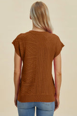 Double Take Full Size Cable-Knit Round Neck Cap Sleeve Sweater - kinko