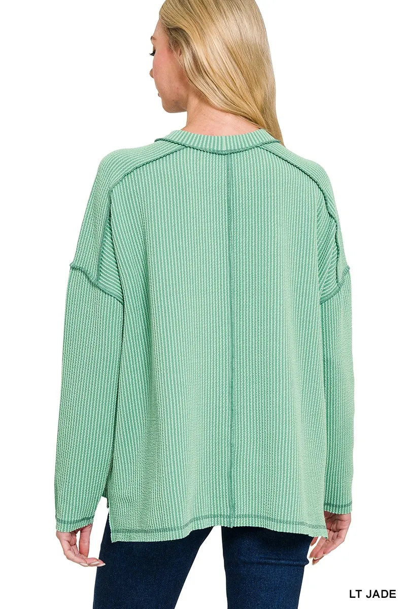 Zenana Exposed Seam Long Sleeve Corded Rib Knit Top - kinko