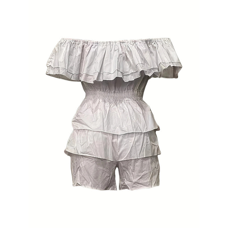 Womens Sexy Off Shoulder Rompers Summer Ruffle Short Sleeve Tiered Short Jumpsuits - kinko