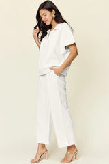 Double Take Full Size Texture Half Zip Short Sleeve Top and Pants Set - kinko