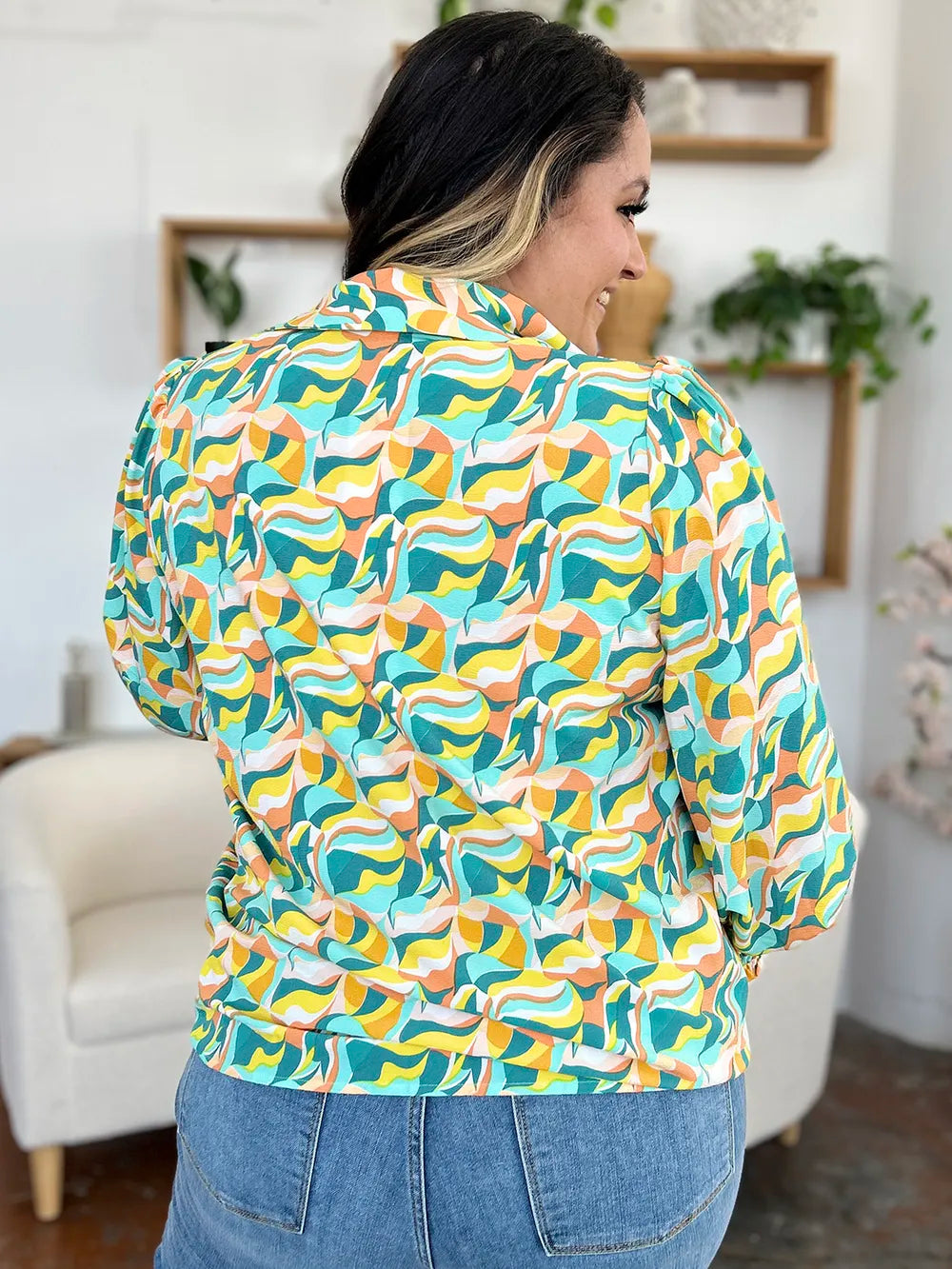 Double Take Full Size Printed Smocked Long Sleeve Blouse - kinko