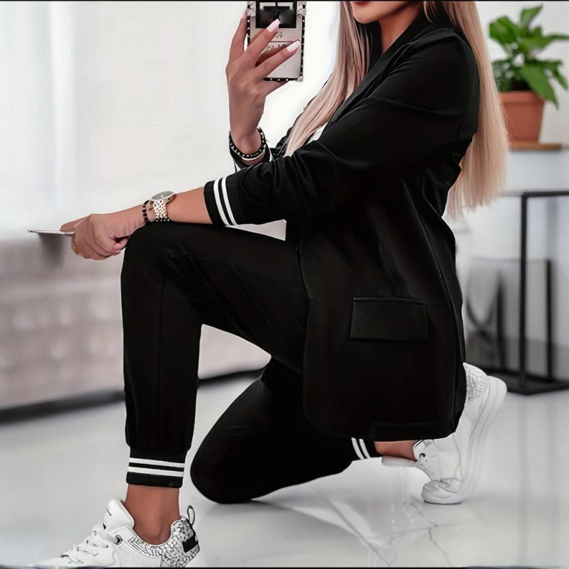 Women's Solid Color Suit Set - Striped Pocket Long Sleeve Blazer & Elastic Waist Trousers Professional Two-Piece Outfit - kinko