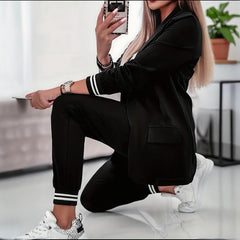Women's Solid Color Suit Set - Striped Pocket Long Sleeve Blazer & Elastic Waist Trousers Professional Two-Piece Outfit - kinko