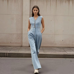 V-neck Double-breasted Sleeveless Wide Leg Overall Jeans - kinko