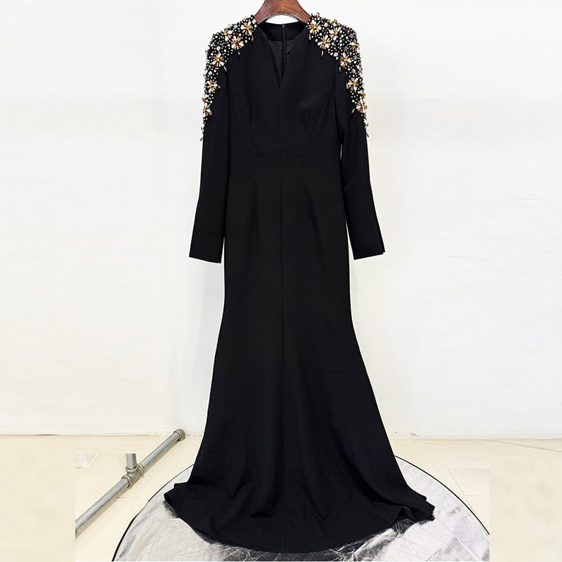 Heavy Industry Beads Diamond Front Slit Small Trailing Dress - kinko