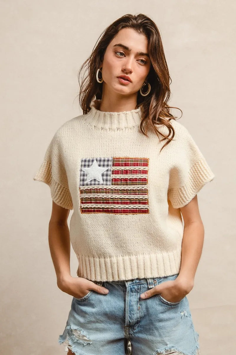 BiBi American Flag Patchwork Drop Shoulder Sweater - kinko