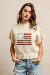BiBi American Flag Patchwork Drop Shoulder Sweater - kinko