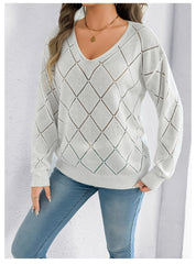 Solid Color And V-neck Sexy Cutout Plaid Long-sleeved Sweater Sweater - kinko