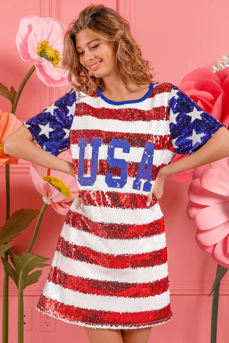 BiBi American Flag Theme Usa Print Sequin Dress - kinko