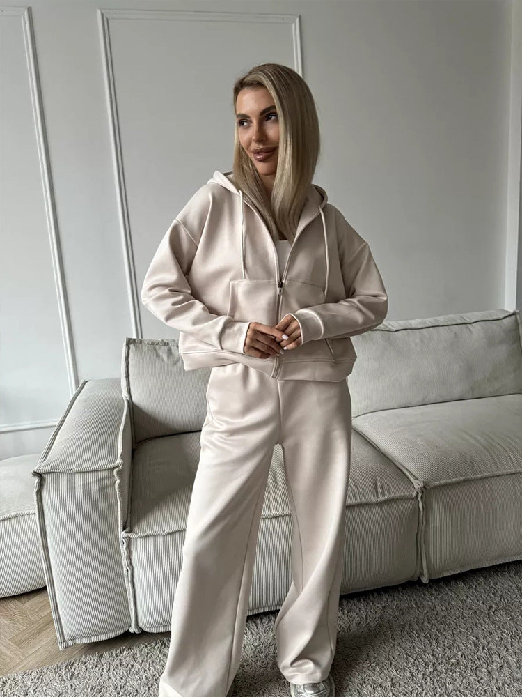 European And American Solid Color Long Sleeve Zipper Cardigan Hoodie Lace-up Trousers Two-piece Set - kinko
