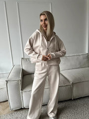 European And American Solid Color Long Sleeve Zipper Cardigan Hoodie Lace-up Trousers Two-piece Set - kinko