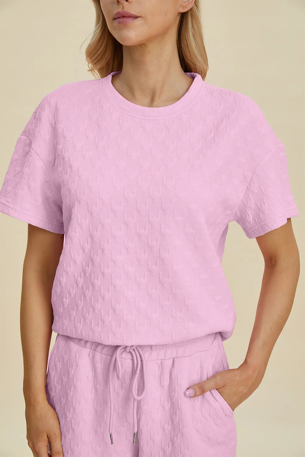 Double Take Full Size Texture Round Neck Short Sleeve Top and Pants Set - kinko