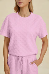 Double Take Full Size Texture Round Neck Short Sleeve Top and Pants Set - kinko