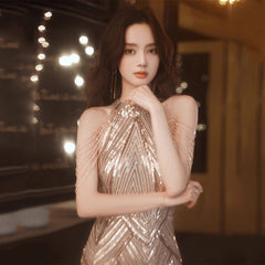 Beaded Sequined Banquet Long Halter Set Diamond Queen Fishtail Evening Gown - kinko