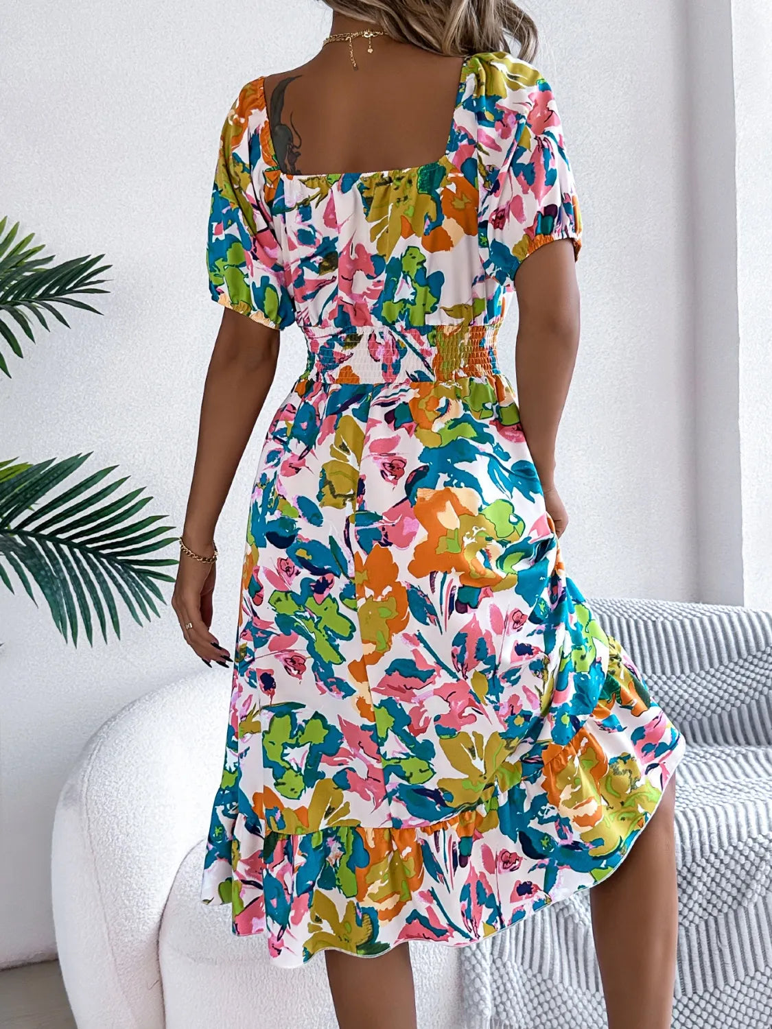 Ruffled Hem Smocked Floral Short Sleeve Midi Dress - kinko