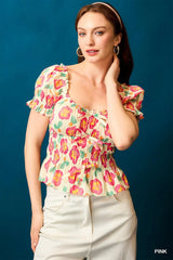 Umgee Floral Smocked Peplum Blouse - kinko