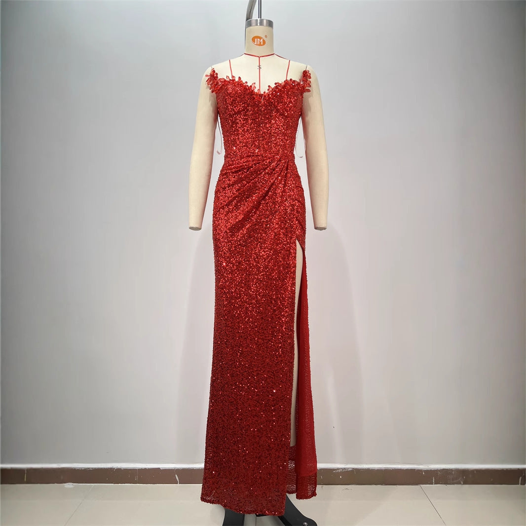 Drop-shaped Diamond Sexy Low-cut High Sitt Red Paillette Tube Coat And Dress - kinko