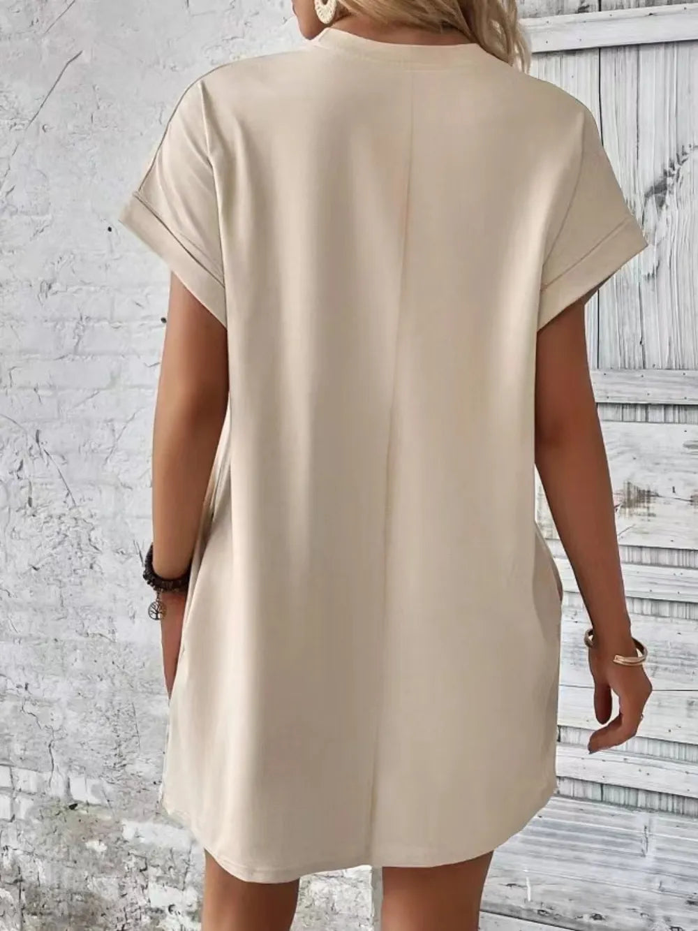 Pocketed Round Neck Short Sleeve Dress - kinko