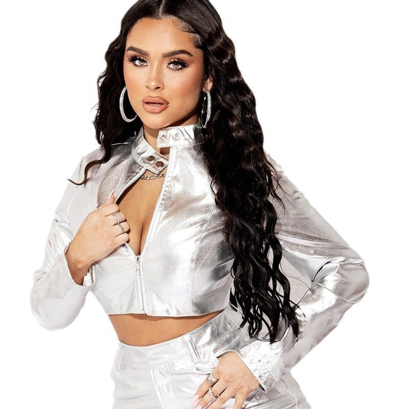 Fall Winter Fashion PU Metallic Collar Zipper Coat For Women