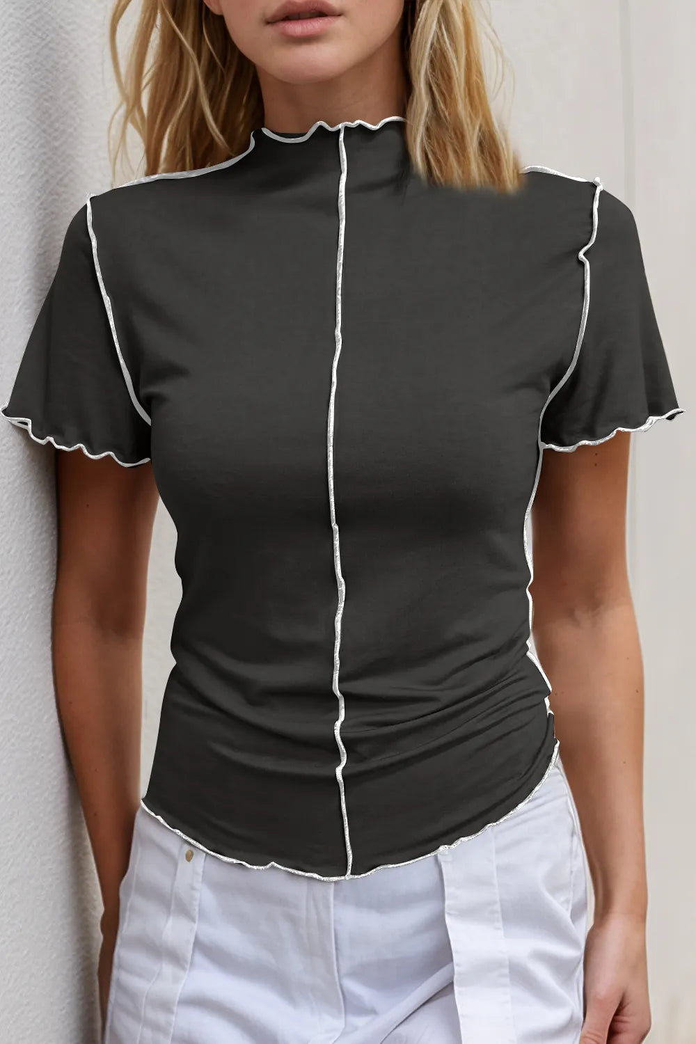 Basic Bae Contrast Trim Mock Neck Short Sleeve T-Shirt - kinko