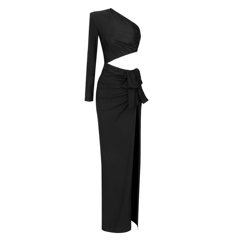 Women's Long Sleeved Hollow Slit Elastic Sloping Shoulder Dress - kinko