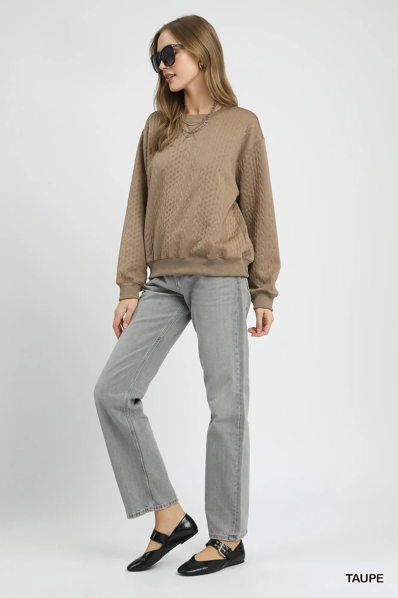 Umgee Cable Texture Pattern Sweatshirt with Ribbed Hem - kinko