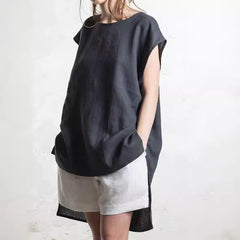 Round Neck Front Short Back Long Short Sleeve Top For Women - kinko