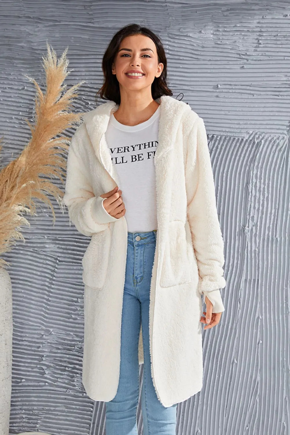 Double Take Full Size Hooded Teddy Bear Jacket with Thumbholes - kinko