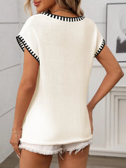 Contrast Trim V-Neck Short Sleeve Knit Top - kinko