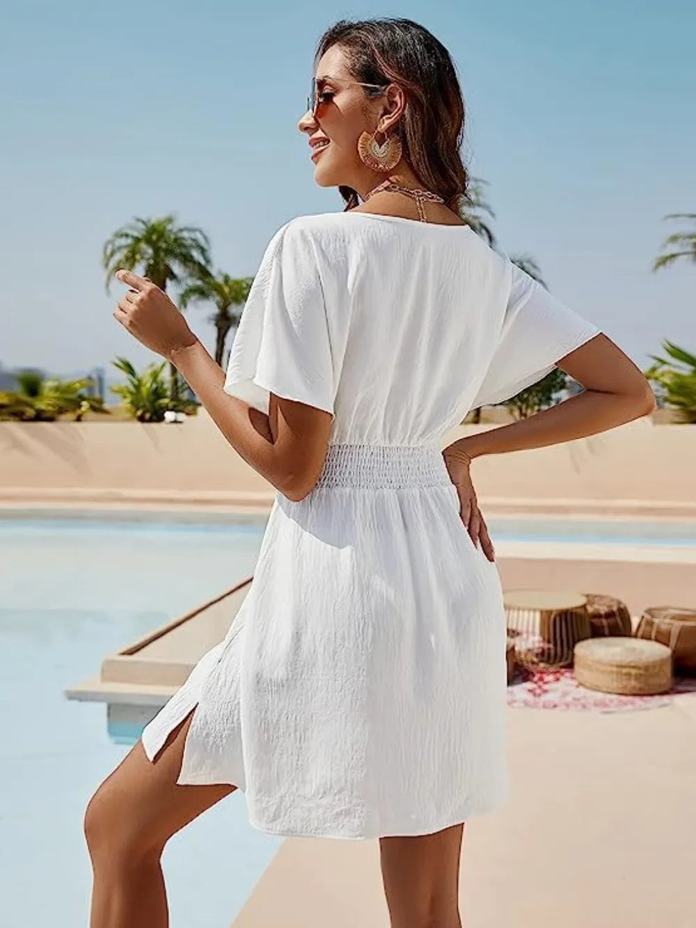 Smocked V-Neck Short Sleeve Dress - kinko