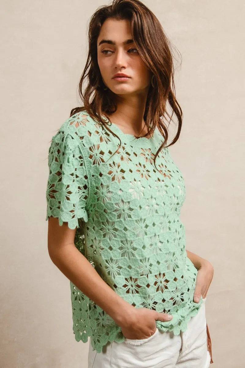 BiBi Openwork Crochet Short Sleeve Knit Top - kinko