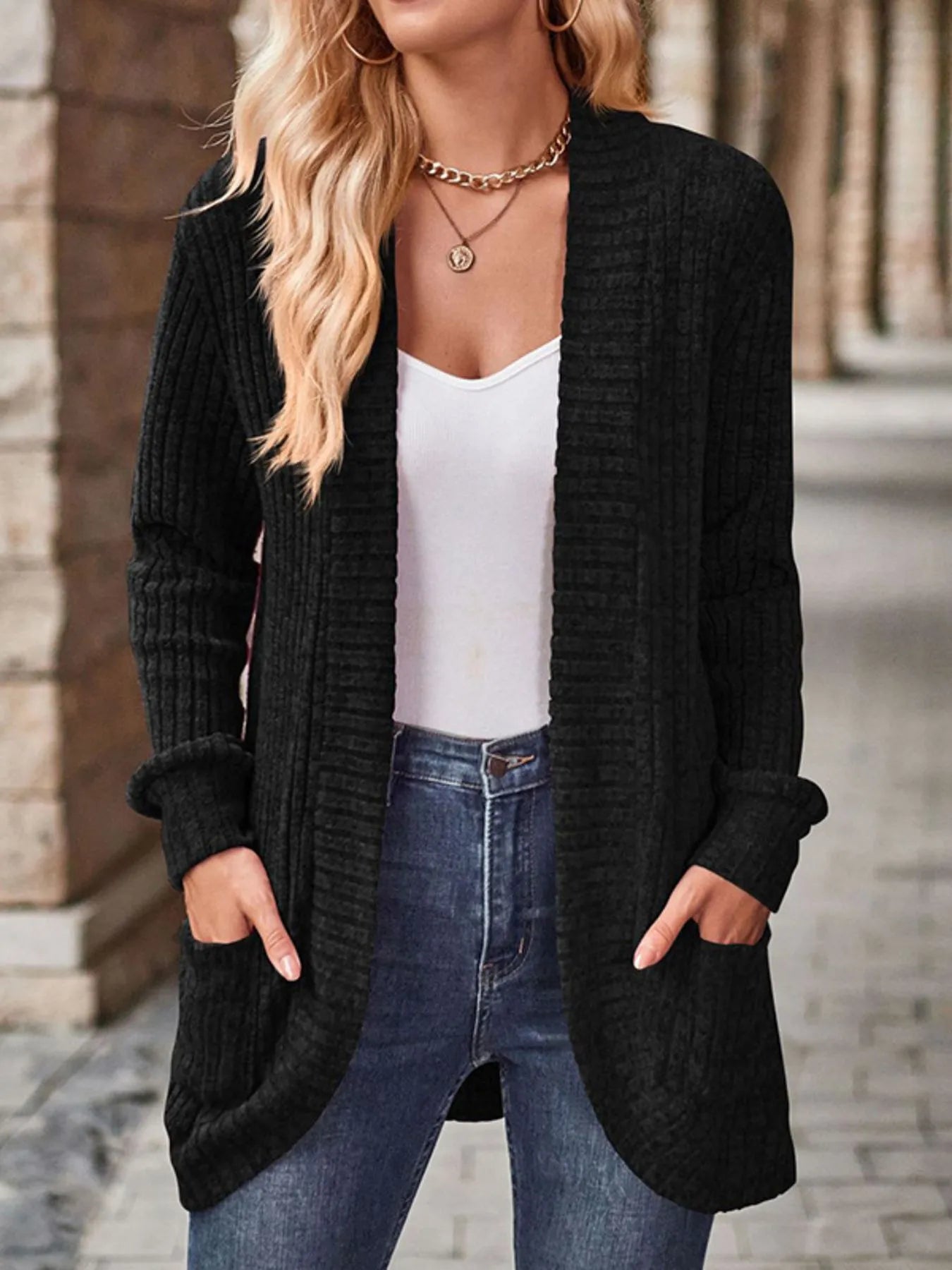 Ribbed Knit Open Front Cardigan with Pockets - kinko
