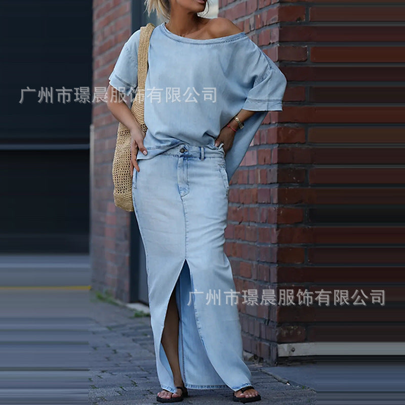 European And American Women's Fashion Tops Slit Skirt Two-piece Skirt Suit - kinko