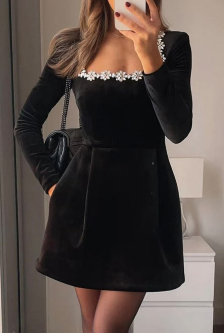 Elegant Square Neck Long-sleeved Dress With Flowers Rhinestone Design Fashion A-line Short Dresses Spring Clothing For Women - kinko