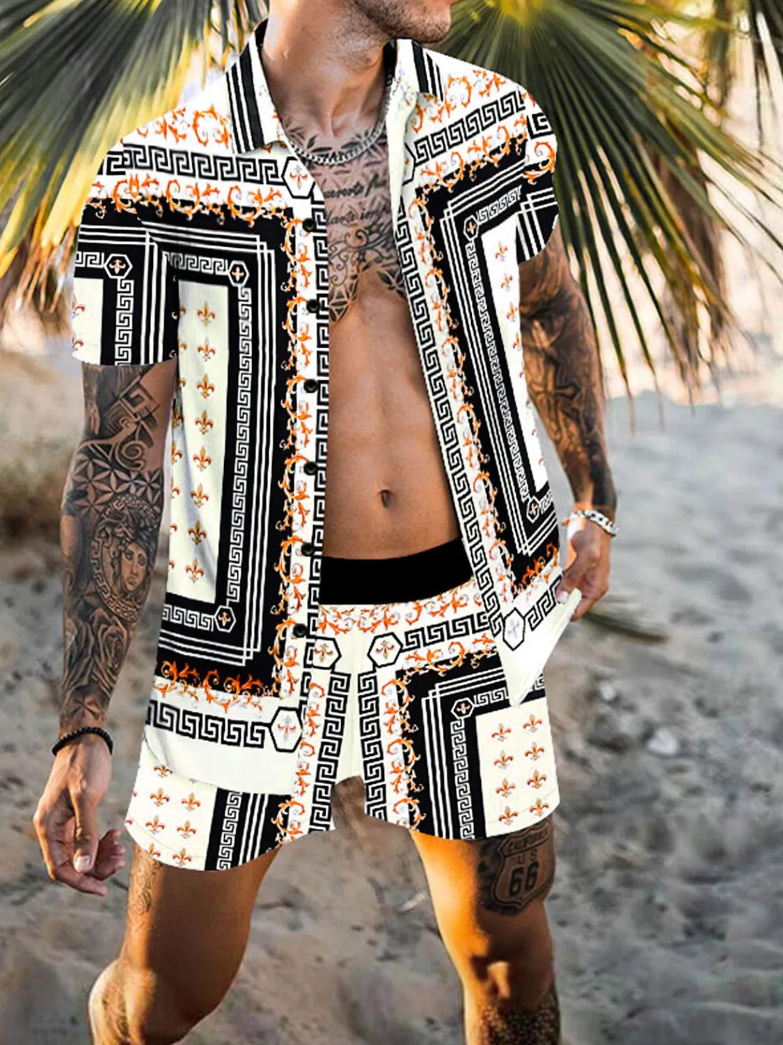 Men's Full Size Printed Collared Neck Short Sleeve Top and Shorts Set Plus Size - kinko