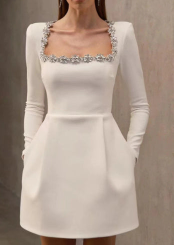 Elegant Square Neck Long-sleeved Dress With Flowers Rhinestone Design Fashion A-line Short Dresses Spring Clothing For Women - kinko