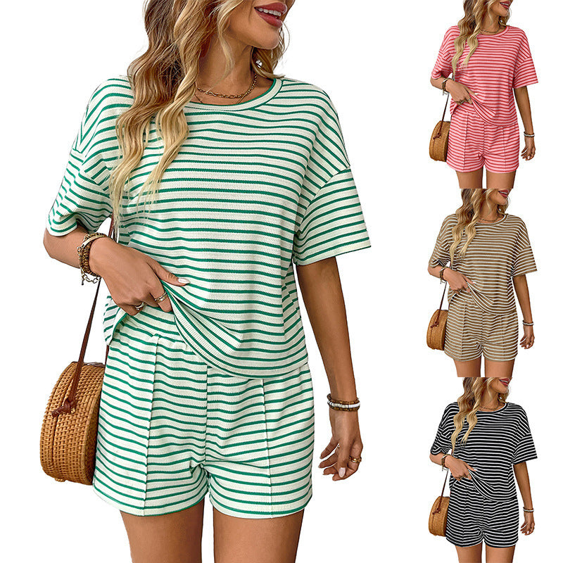 Women's Knitted Striped Fashion Casual Shorts Sports Suit - kinko
