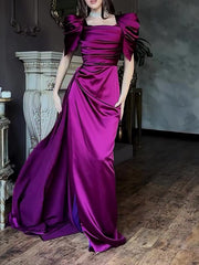Elegant Puff Sleeve Pleated Slit Maxi Dress - kinko