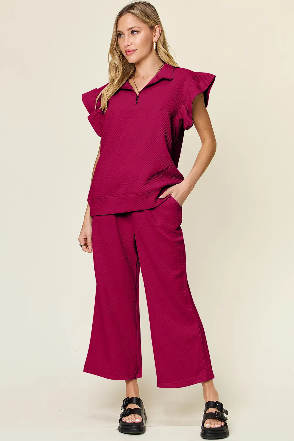 Double Take Texture Ruffle Short Sleeve Top and Drawstring Wide Leg Pants Set - kinko