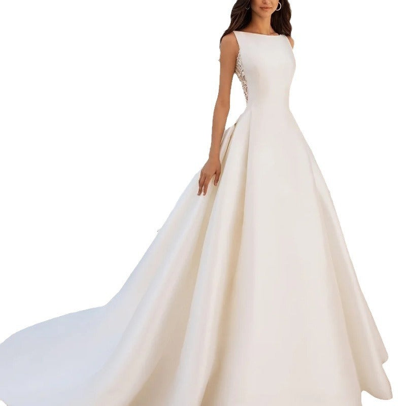 French Retro Lace Advanced Texture Satin Slim Bridal Simple Elegant Trailing Wedding Dress - kinko