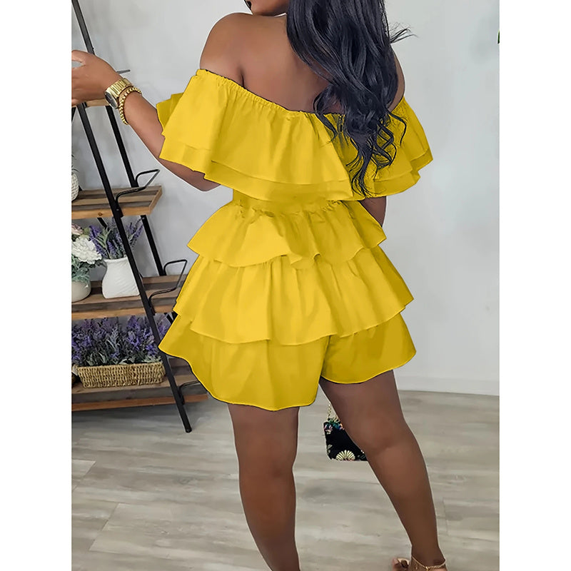 Womens Sexy Off Shoulder Rompers Summer Ruffle Short Sleeve Tiered Short Jumpsuits - kinko