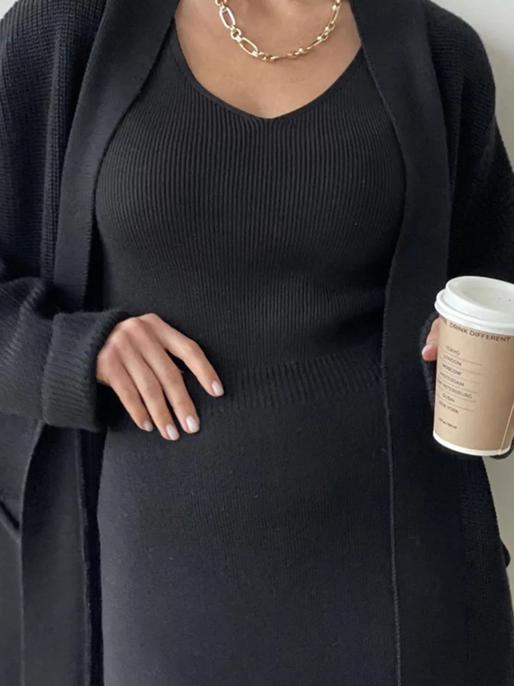 Pocketed Long Sleeve Cardigan and Skirt Sweater Set - kinko