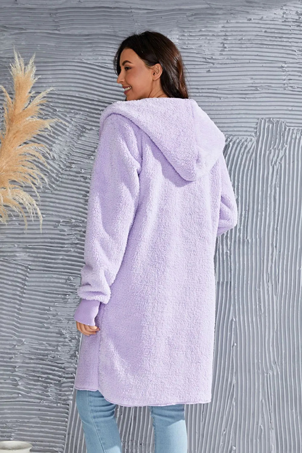 Double Take Full Size Hooded Teddy Bear Jacket with Thumbholes - kinko