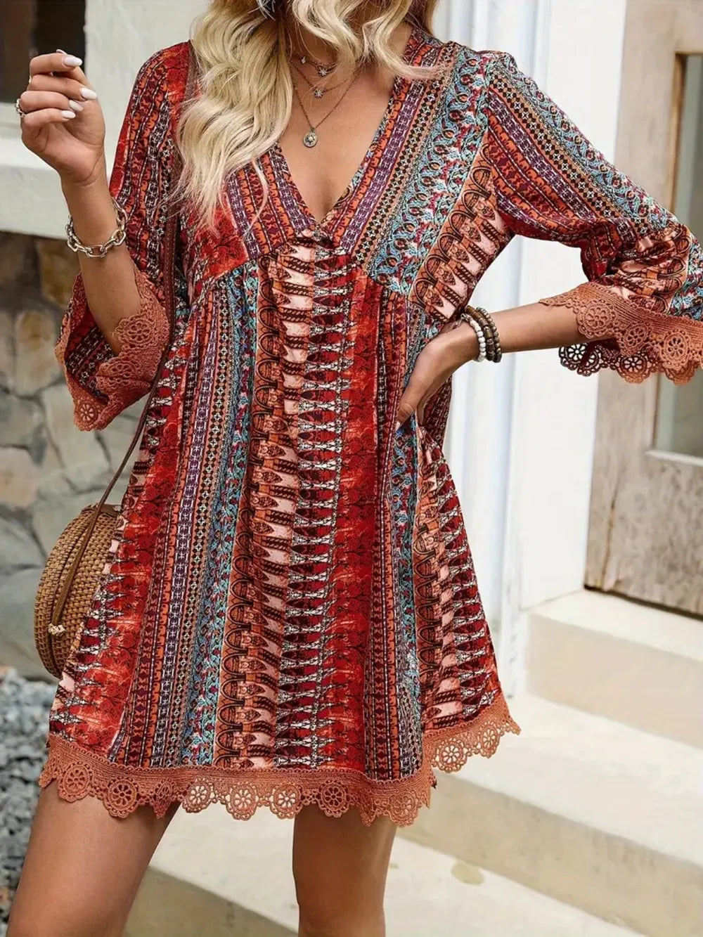 Lace Trim Printed V-Neck 3/4 Sleeve Dress - kinko