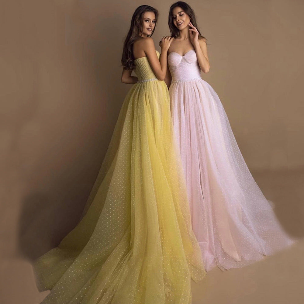 Evening Gown Tube Top Retro Lantern Sleeve Light Yarn - kinko