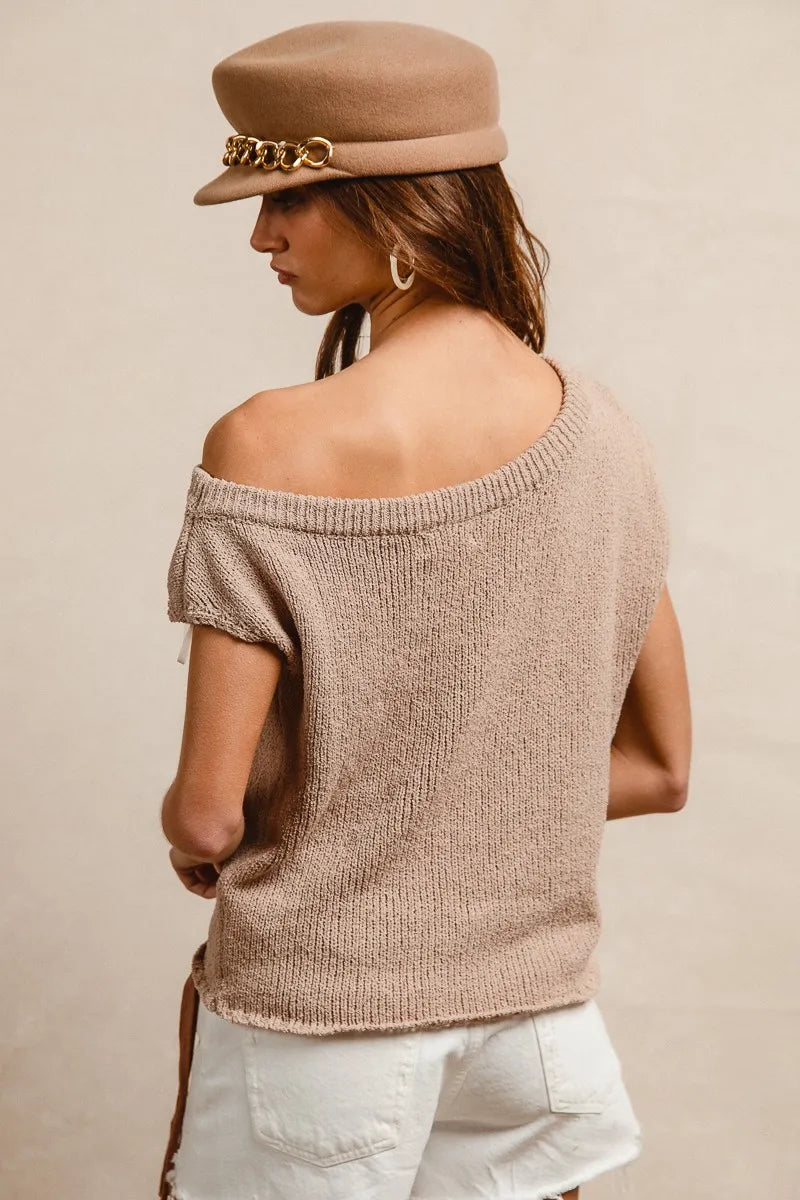 BiBi One Side Off Shoulder Knit Top - kinko