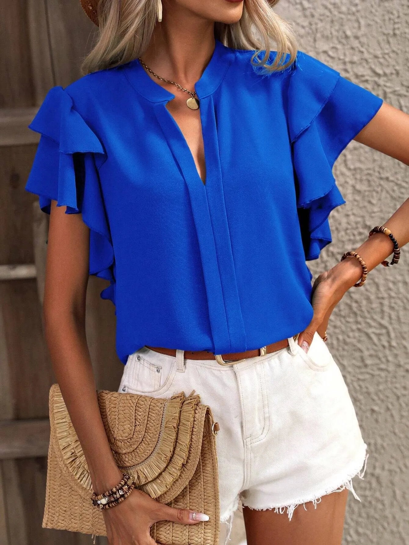 Ruffle Sleeve Notched Blouse - kinko