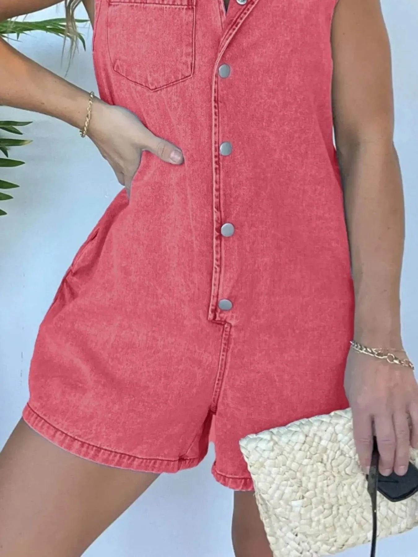 Button Front Sleeveless Denim Romper - kinko