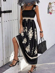 Smocked Printed Wide Strap Maxi Dress - kinko